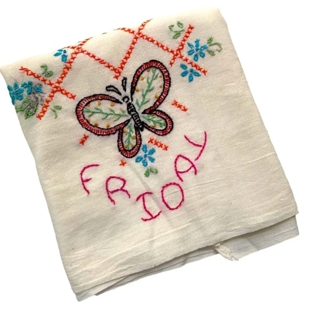 Vintage Flour Sack Embroidered Weekend Days Kitchen Towels Fri Sat Sun Butterfly